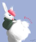  2016 anthro belly big_belly clothed clothing fur hair lagomorph male mammal pink_hair rabbit simple_background smile solo text vore waismuth white_fur 