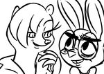  2016 anthro black_and_white blush buckteeth claws clothed clothing crossgender disney eye_contact eyewear fan_character female glasses hoodie hugh_muskroura inkyfrog lagomorph male mammal maxine_d&#039;lapin monochrome rabbit simple_background skunk teeth white_background zootopia 