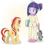  2016 alternate_species clothing cutie_mark equestria_girls equine female feral friendship_is_magic hair horn human humanized mammal multicolored_hair my_little_pony pajamas slippers sunset_shimmer_(eg) sweat sweatdrop ta-na twilight_sparkle_(mlp) two_tone_hair unicorn wide_eyed young 