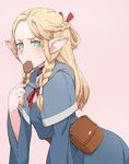  blonde_hair braid dungeon_meshi elf green_eyes hair_ornament holding holding_spoon long_hair marcille mochi_(mochi444420) pointy_ears pouch solo spoon 