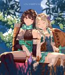  atelier_(series) atelier_firis black_hair blue_shirt blush boots braid brown_footwear brown_hair closed_eyes copyright_name firis_mistlud gloves hair_ornament highres knee_boots liane_mistlud long_hair looking_at_another multiple_girls quiver red_eyes ryuuno6 shirt siblings sisters sitting sleeping smile striped thighhighs vertical_stripes vest white_gloves white_legwear 