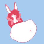 2016 anthro belly big_belly breasts clothed clothing eyes_closed female fur hair lagomorph mammal navel pink_fur pink_hair rabbit simple_background smile solo vore waismuth white_fur 