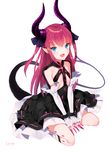  :d bad_id bad_pixiv_id blue_eyes blush detached_sleeves dragon_horns dragon_tail elizabeth_bathory_(fate) elizabeth_bathory_(fate)_(all) fang fate/extra fate/extra_ccc fate_(series) flat_chest horns long_hair open_mouth pointy_ears purple_hair seiza sitting smile solo tail yumaomi 