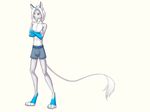 4_toes akineza anthro blue_eyes clothed clothing crossed_arms digitigrade fur hair male mammal simple_background solo standing toes topless underwear white_background white_fur white_hair white_nose 