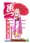 2014 :d absurdres blush commentary_request floral_print full_body furisode hair_ornament hairclip happy_new_year highres holding holding_umbrella japanese_clothes kimono kyaro_(kyaro54) long_hair long_sleeves looking_at_viewer new_year obi open_mouth oriental_umbrella original pink_hair purple_eyes sandals sash smile solo standing tabi umbrella white_legwear wide_sleeves 