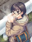  bag bangs blush breath brown_eyes brown_hair coat commentary from_above glasses grass guard_rail hands_up highres looking_at_viewer looking_back open_mouth original outdoors short_hair solo yuuki_keisuke 