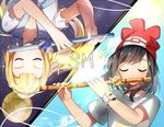  beanie black_hair blonde_hair closed_eyes flute hat instrument lillie_(pokemon) long_hair mizuki_(pokemon) moon multiple_girls pokemon pokemon_(game) pokemon_sm ponytail red_hat short_hair spoilers star_(sky) upside-down yuhi_(hssh_6) z-ring 