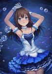  armpits bare_shoulders blush brown_hair bubble dress gloves green_eyes idolmaster idolmaster_cinderella_girls idolmaster_cinderella_girls_starlight_stage jewelry long_hair looking_at_viewer necklace parfaitlate pocket_watch shibuya_rin solo starry_sky_bright watch water white_gloves 