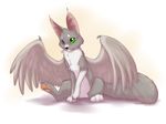  akineza ambiguous_gender black_nose feathered_wings feathers feral fur grey_feathers grey_fur heterochromia mammal nude pawpads simple_background sitting solo white_background white_fur wings 
