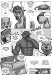  2016 5_fingers abs anthro beverage biceps blood blush bovine bulge cattle cervine clothed clothing coffee comic cum_through_clothing deer dialogue digital_media_(artwork) duo english_text erection erection_under_clothes eyes_closed fur greyscale hi_res horn humanoid_hands male mammal monochrome muscular mustelid nipples nosebleed open_mouth otter partially_clothed pecs reindeer rov smile sweat text underwear wide_eyed yawn 