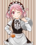  alternate_costume apron badge blush enmaided frills grin hand_on_hip heart kantai_collection maid maid_headdress one_eye_closed pink_eyes pink_hair ribbon sazanami_(kantai_collection) short_hair short_twintails smile solo striped striped_background suzuka_(rekkyo) tray twintails vertical-striped_background vertical_stripes waist_apron 