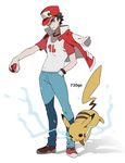  1boy anime_coloring bad_id bad_twitter_id baseball_cap brown_eyes brown_hair clothes_writing denim electricity gen_1_pokemon hand_in_pocket hat holding holding_poke_ball jeans looking_at_viewer male_focus pants pikachu poke_ball poke_ball_(generic) pokemon pokemon_(creature) pokemon_(game) pokemon_sm raglan_sleeves red_(pokemon) shadow shirt shoes simple_background sneakers solo t-shirt white_background 