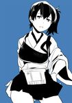 black_hair blue blue_background hand_on_hip high_contrast japanese_clothes kaga_(kantai_collection) kantai_collection looking_at_viewer monochrome muneate short_hair side_ponytail simple_background skirt solo suzuka_(rekkyo) 