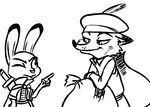  2016 anthro bag black_and_white canine clothed clothing crossed_arms disney duo feather_in_hat feathers female fox hat inkyfrog judy_hopps lagomorph male mammal melee_weapon monochrome nick_wilde one_eye_closed pointing rabbit scabbard simple_background sword weapon white_background zootopia 