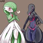  areola blush breasts breathing camel_toe clothing dress duo female gardevoir green_hair hair ironscrewy licking looking_at_viewer nintendo nipples open_mouth pok&eacute;mon pussy pussy_juice red_eyes salazzle standing sweat tongue tongue_out video_games 