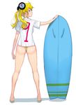  9 ass blonde_hair blue_eyes from_behind full_body hair_ornament highres long_hair looking_back masao number original shiny shiny_skin shoes simple_background solo surfboard swimsuit twintails wedgie white_background 