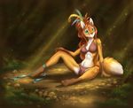  5_toes akineza anthro breasts brown_hair canine clothed clothing day detailed_background female fluffy fluffy_tail forest fox fur grass green_eyes hair mammal navel orange_fur outside sitting solo spread_legs spreading sunlight toes tree wide_hips 