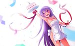  :d apron arm_ribbon arm_up armpits ass birthday_cake blurry blush breasts cake candle cleavage collarbone confetti depth_of_field dutch_angle eyebrows eyebrows_visible_through_hair fire food fruit gj-bu hair_between_eyes highres long_hair medium_breasts naked_apron open_mouth purple_eyes purple_hair red_ribbon ribbon smile solo standing strawberry sumeragi_shion tray twitter_username very_long_hair white_background yokura_(yukilina) 