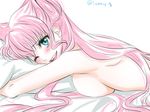  aqua_eyes blush breasts happy large_breasts leonis_g long_hair lying maria_cadenzavna_eve nude on_stomach one_eye_closed pillow pillow_hug pink_hair senki_zesshou_symphogear sideboob smile solo upper_body 