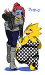  2016 alphys anthro bare_shoulders blush boots clothing dress duo eye_patch eyewear female fish footwear glasses hair hand_holding jacket japanese_text lizard long_hair marine monster ponytail red_hair reptile scalie scarf smile text undertale undyne uwasa video_games 
