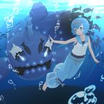  air_bubble baggy_pants barefoot blue_eyes blue_hair blue_sailor_collar blush breath bubble capri_pants freediving gen_7_pokemon hairband holding_breath open_mouth pants pokemon pokemon_(creature) pokemon_(game) pokemon_sm sailor_collar sakurea short_hair sleeveless smile solo submerged suiren_(pokemon) swimming trial_captain underwater water wishiwashi 