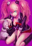  1girl absurdres bare_legs bear bear_hair_ornament blonde_hair blue_eyes boots bow breasts cleavage closed_mouth commentary_request danganronpa danganronpa_1 dot_eyes enoshima_junko evil_grin evil_smile eyebrows_visible_through_hair fingernails grin hair_ornament hand_on_ground hand_on_head heterochromia highres kneeling large_breasts laughing long_hair looking_at_viewer miniskirt monokuma nail_polish necktie open_eyes pink_background red_eyes red_nails red_ribbon red_skirt ribbon school_uniform short_sleeves simple_background skirt smile stdl twintails 