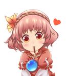  blouse blush commentary_request food heart highres incoming_pocky_kiss leaf looking_at_viewer maple_leaf mirror mouth_hold pocky pocky_kiss pov purple_hair red_eyes rope shared_food shimenawa short_hair smile solo tatuhiro touhou yasaka_kanako younger 