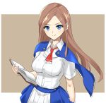  &gt;:q 1girl :q arm_at_side ascot bangs blue_capelet blue_eyes blue_skirt book breasts brown_hair capelet castlevania castlevania:_portrait_of_ruin charlotte_aulin collared_shirt dolling60883582 eyebrows_visible_through_hair female floating_hair frills grey_background highres holding holding_book konami long_hair looking_at_viewer medium_breasts neck open_book pleated_skirt red_neckwear shiny shiny_hair shirt skirt smile solo swept_bangs tongue tongue_out upper_body white_shirt 