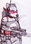  anthro bayonet canine cigarette earpiece eyewear female glasses gun knife kraken_(artist) mammal ranged_weapon rifle sketch solo traditional_media_(artwork) weapon 