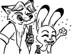  2016 alcohol anthro beer beverage black_and_white bottle buckteeth canine chest_tuft clothed clothing disney drunk duo eyes_closed female fox gideon_grey inkyfrog judy_hopps lagomorph male mammal monochrome open_shirt rabbit simple_background teeth tuft white_background zootopia 