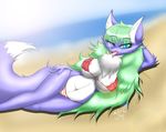  &lt;3 &lt;3_eyes 2016 anthro areola beach big_breasts blue_fur blush breasts canine eyelashes female fox fur hair hi_res kemono looking_at_viewer lying mammal milkteafox multicolored_fur navel on_side one_eye_closed open_mouth seaside text tongue tuft white_fur 