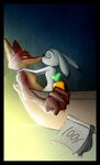  2016 anthro black_border border canine carrot disney duo female food fox green_eyes half-closed_eyes hand_on_shoulder hi_res judy_hopps kissing lagomorph male male/female mammal nick_wilde notebook nude pen rabbit side_view text thewyvernsweaver vegetable writing_(disambiguation) zootopia 