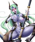  blue_skin blush breasts corruption dark_persona demon_girl green_hair kagami_hirotaka large_breasts lilith-soft red_eyes taimanin_asagi taimanin_asagi_battle_arena weapon yatsu_murasaki 