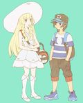  1girl backpack bag bangs baseball_cap black_hair blonde_hair blue_background blunt_bangs braid capri_pants dress duffel_bag green_eyes grey_eyes hands_in_pockets hat lillie_(pokemon) long_hair open_mouth pants pokemon pokemon_(game) pokemon_sm shirt shoes short_hair short_sleeves simple_background sleeveless sleeveless_dress sneakers striped striped_shirt sun_hat t-shirt thighhighs twin_braids white_dress white_hat white_legwear yo_mo you_(pokemon) 