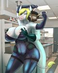  anthro antlers big_breasts blush bovine breast_fondling breasts cattle cervine clothed clothing deer duo female fondling hand_on_breast horn huge_breasts inside kraken_(artist) lab_coat male male/female mammal marauder6272 smile standing thick_thighs wide_hips 