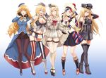  american_flag american_flag_legwear anchor_hair_ornament arm_at_side arm_behind_head atago_(kantai_collection) bangs bare_shoulders beret bismarck_(kantai_collection) black_legwear blonde_hair blue_dress blue_eyes blue_hair boots breasts cleavage cleavage_cutout commandant_teste_(kantai_collection) commentary corset detached_sleeves dress elbow_gloves fingerless_gloves flag_print front-tie_top full_body garter_straps gloves gradient gradient_background grey_legwear hair_between_eyes hair_ornament hat headgear high_heels highres impossible_clothes interlocked_fingers iowa_(kantai_collection) jacket kantai_collection large_breasts light_smile lips long_hair looking_at_viewer miniskirt mismatched_legwear multicolored multicolored_clothes multicolored_hair multicolored_scarf multiple_girls navel navel_cutout off-shoulder_dress off_shoulder open_mouth pantyhose peaked_cap plaid plaid_scarf platform_footwear platform_heels pleated_skirt pom_pom_(clothes) red_hair scarf shiosoda short_dress skirt smile star star-shaped_pupils straight_hair streaked_hair striped striped_legwear swept_bangs symbol-shaped_pupils thighhighs tongue trait_connection vertical-striped_legwear vertical_stripes warspite_(kantai_collection) wavy_hair white_dress white_hair white_legwear zettai_ryouiki 