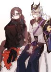  1boy 1girl azarashi_ball black_dress black_hair blue_eyes braiding_hair brown_eyes cape chinese_armor chinese_clothes cleavage_cutout consort_yu_(fate) detached_sleeves dress fate/grand_order fate_(series) gao_changgong_(fate) glasses grey_hair hairdressing hand_on_hand hand_on_own_chin highres horns mask ornament ribbon side_slit sitting smile turtleneck 