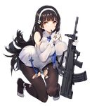  accessories ankle_ribbon assault_rifle between_breasts black_hair breast_press breasts brown_eyes bullpup covered_nipples dress eyebrows eyebrows_visible_through_hair flower full_body girls_frontline gloves gun hair_flower hair_ornament hairband holding holding_gun holding_weapon impossible_clothes kishiyo large_breasts long_hair looking_at_viewer necktie official_art pantyhose qbz-95 qbz-95_(girls_frontline) ribbon rifle solo squatting symbol torn_clothes torn_legwear transparent_background very_long_hair weapon white_dress white_gloves white_hairband 