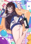  ;d abstract_background animal_print antenna_hair artist_name ass back-print_panties bangs bespectacled black-framed_eyewear bottle breasts brown_hair bunny_panties bunny_print casual cleavage_cutout cowboy_shot cube d.va_(overwatch) facepaint facial_mark fingernails from_behind glasses headphones headphones_around_neck highres holding holding_bottle jacket leg_up long_fingernails long_hair long_sleeves looking_at_viewer looking_back medium_breasts meme_attire nail_polish no_pants off_shoulder one_eye_closed open-chest_sweater open_mouth overwatch panties print_panties purple_nails ribbed_sweater round_eyewear ryuuno6 shiny shiny_hair smile solo standing standing_on_one_leg star star-shaped_pupils sweater swept_bangs symbol-shaped_pupils twisted_torso underwear whisker_markings white_panties wine_bottle 