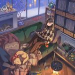  1girl animal bangs bf._(sogogiching) black_hair black_legwear blanket book_stack brown_eyes brown_skirt christmas christmas_ornaments commentary_request couch cup cushion dog heater holding holding_cup indoors lamp listening_to_music log long_hair night no_shoes original phonograph plaid plaid_shirt plant plate potted_plant record record_jacket red_bandana rug shelf shirt sitting skirt slippers_removed smile snowing solo tree turntable window 