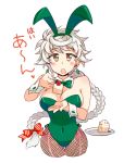  1girl alternate_costume animal_ears asymmetrical_hair bare_shoulders blush braid breasts brown_legwear bunny_ears bunny_girl bunny_tail bunnysuit covered_navel detached_collar earrings eyebrows_visible_through_hair fake_animal_ears fishnet_pantyhose fishnets green_leotard jewelry kantai_collection kusanagi_tonbo large_breasts leotard long_hair looking_at_viewer open_mouth pantyhose silver_hair single_braid strapless strapless_leotard tail tareme translation_request unryuu_(kantai_collection) very_long_hair wide_hips wrist_cuffs 