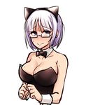  animal_ears bad_id bad_tumblr_id blue_eyes blush bow bowtie breasts cat_ears cleavage collarbone detached_collar fake_animal_ears glasses hairband kittysuit large_breasts lavender_hair nervous original raised_eyebrows semi-rimless_eyewear seta_makoto solo sweat under-rim_eyewear wrist_cuffs 