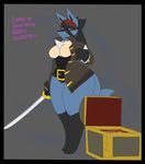 big_butt bottomless breasts butt clothed clothing dewwydarts english_text featureless_crotch female hair lucario mary_(dewwydarts) melee_weapon nintendo pirate pok&eacute;mon purple_eyes suggestive sword text treasure video_games weapon wide_hips 