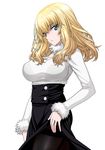  bangs black_bra blonde_hair blue_eyes bra breasts cowboy_shot dress dress_lift fur_trim girls_und_panzer hair_between_eyes isse jewelry large_breasts long_hair long_sleeves looking_at_viewer original pantyhose parted_lips ring see-through shirt simple_background solo sweater teeth thighs underwear wavy_hair white_background white_sweater 