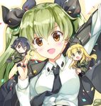  &gt;_o :d :q anchovy anzio_military_uniform anzio_school_uniform arm_up black_hair black_jacket black_legwear black_neckwear black_ribbon blonde_hair blush brown_eyes carpaccio clenched_hands collared_shirt confetti eyebrows eyebrows_visible_through_hair frying_pan girls_und_panzer green_eyes green_hair hair_between_eyes hair_ribbon head_tilt holding jacket jacket_on_shoulders kneehighs long_hair long_sleeves military military_uniform minigirl multiple_girls necktie one_eye_closed open_mouth pepperoni_(girls_und_panzer) rei_(rei's_room) ribbon school_uniform shirt sitting smile tongue tongue_out twintails uniform upper_body v-shaped_eyebrows white_shirt wing_collar 
