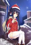  1girl black_hair blush capelet carrying_bag carrying_over_shoulder christmas commentary double-breasted dress english_commentary fur_trim hair_between_eyes hat long_hair long_sleeves looking_at_viewer muwa12 neptune_(series) night night_sky noire outdoors red_capelet red_dress red_eyes santa_costume santa_hat sitting_on_roof sky smile snow snowing solo star_(sky) starry_sky thighhighs twintails very_long_hair white_legwear 