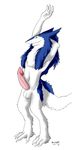  2016 anthro armpits blue_fur claws erection fur looking_at_viewer male nude penis sergal simple_background smile solo waismuth white_background white_fur 