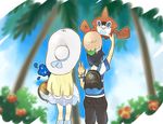  1girl arm_up backpack bag black_hair blonde_hair cloud cosmog day dress duffel_bag from_behind gen_4_pokemon gen_7_pokemon hat kutta lillie_(pokemon) long_hair palm_tree poke_finder pokedex pokemon pokemon_(creature) pokemon_(game) pokemon_sm rotom rotom_dex rowlet see-through self_shot short_hair sky sun_hat taking_picture tree v white_dress white_hat you_(pokemon) z-ring 