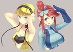  armpits arms_up bandeau bare_arms bare_shoulders blonde_hair blue_eyes blue_gloves blush breasts cleavage commentary_request fuuro_(pokemon) gloves gym_leader hair_ornament headphones kamitsure_(pokemon) kazo large_breasts long_hair medium_breasts multiple_girls open_mouth pokemon pokemon_(game) pokemon_bw red_hair salute short_hair sidelocks smile strapless suspenders underboob upper_body 