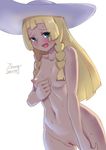  1girl areola areolae blonde_hair blush braid breasts embarrassed green_eyes hat lillie_(pokemon) long_hair looking_at_viewer navel nipples nude open_mouth pokemon pokemon_(game) pokemon_sm pussy simple_background small_breasts smile solo standing sweat white_background white_hat zheng 